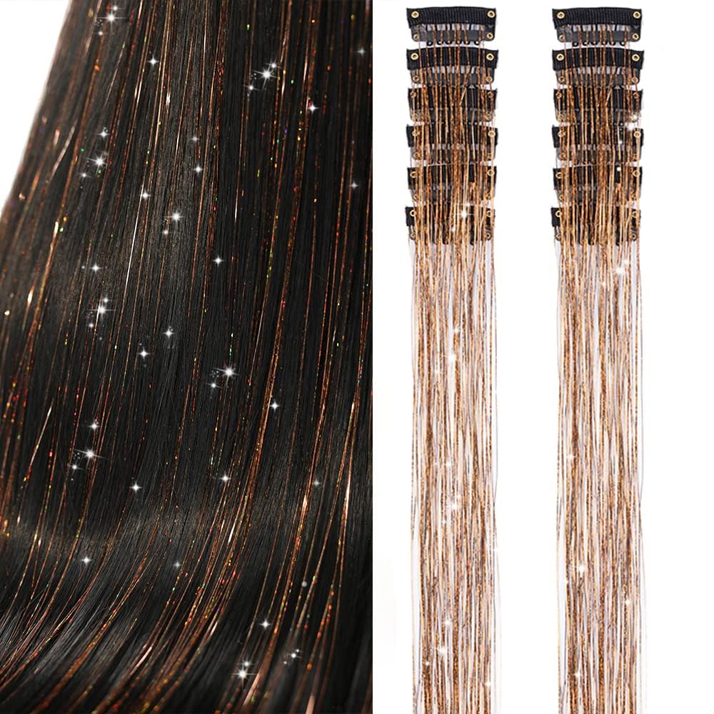 PORSMEER 12 Pcs 20 Inch Hair Tinsel Pack of Clip in Hair Tinsel Colorful Glitter Tinsel Hair Extensions Tinsel Fairy Party Dazzle Accessories Strands Kit for Women (Champagne)