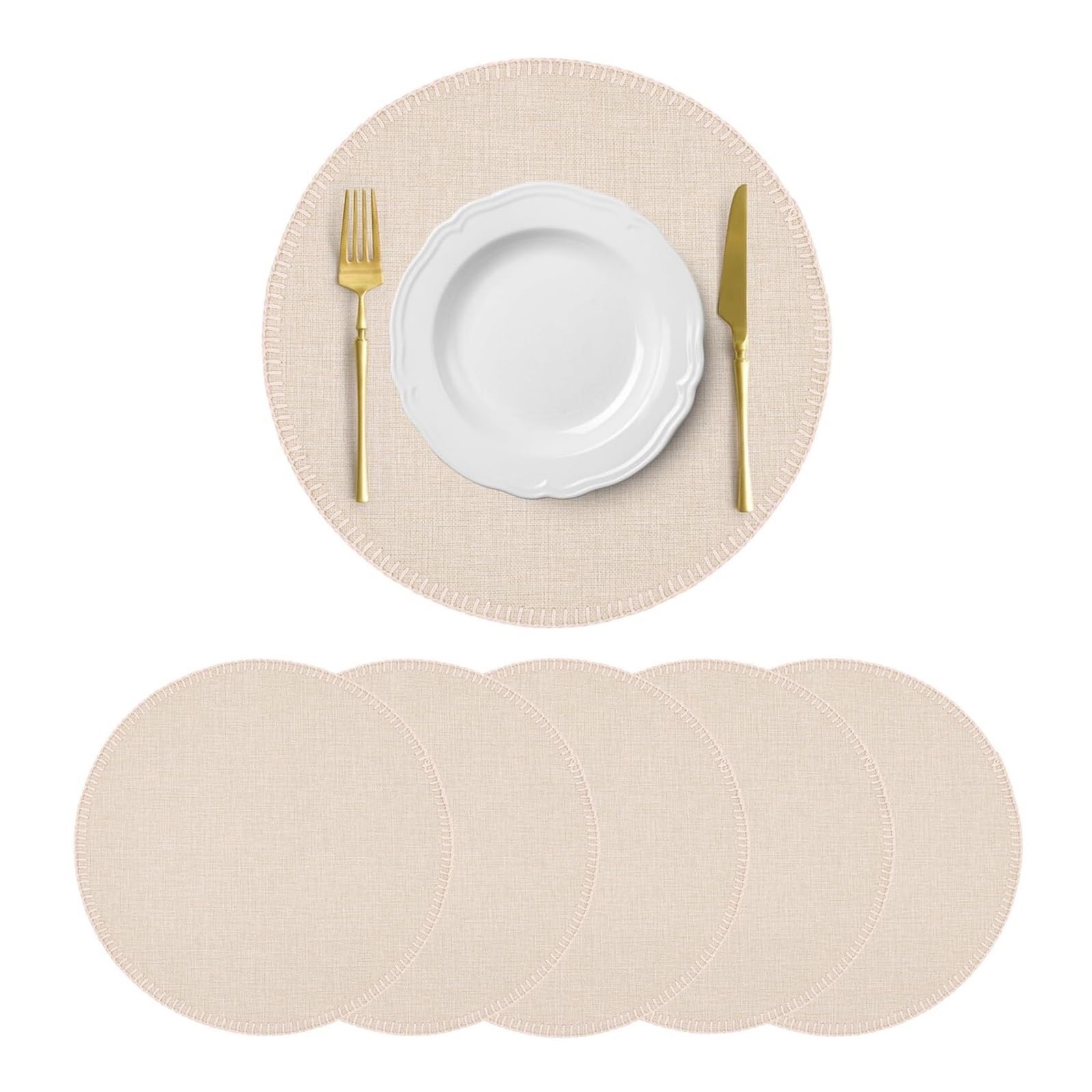 Zeahkri Beige Solid Color Placemats 4Pcs 15 Inch Round Linen Heat Resistant Placemat