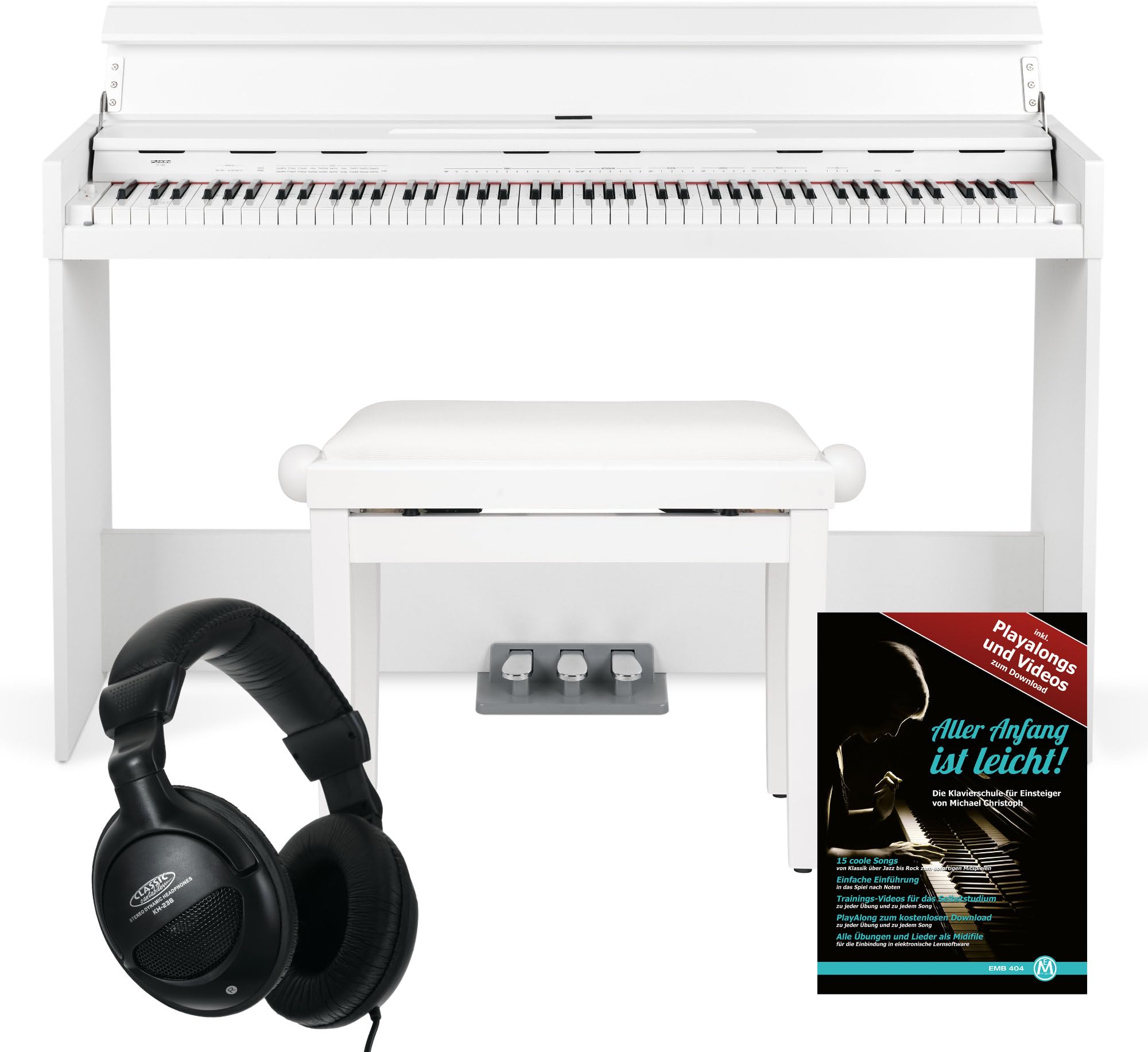 Funkey DP-1088 WM Piano digital set - 88 teclas teclado delgado sensibles al tacto - 20 sonidos, incluida pedalera - Con banco y auriculares - Blanco mate