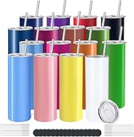 YOUKEOLA 16 Pack 20oz Skinny Straight Tumblers - Vacuum Insulated Stainless Steel with Lids, Straws & Silicone Base, 16 Colors for DIY Travel