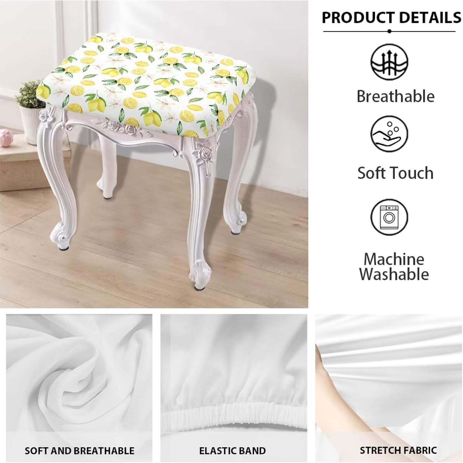 GLENLCWE Lemon Stool Covers,Stretch Bar Stool Cover,Rectangle Saddle Bar Stool Slipcover Counter Stool Pub Chair Slipcover Washable Vanity Stool Protector Set of 4