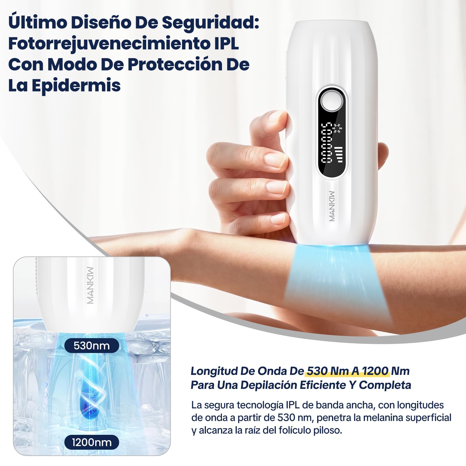 MANKIW Depiladora IPL Luz Pulsada con Enfriamiento, 500000 Pulsos | Depiladora IPL con enfriamiento, 5 niveles y 500000 pulsos para piernas, axilas, bikini y uso cómodo en casa
