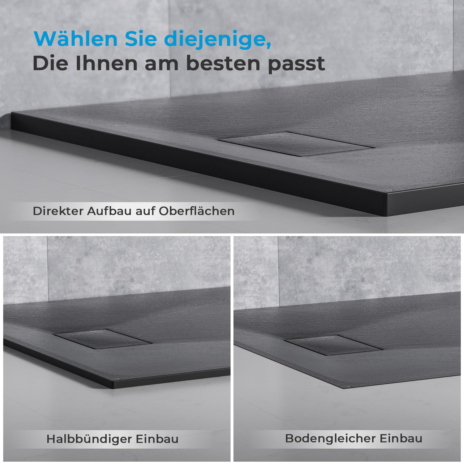 Heilmetz SMC Duschwanne 80 x 80 cm flache 2,6 cm, Steinoptik Schwarz