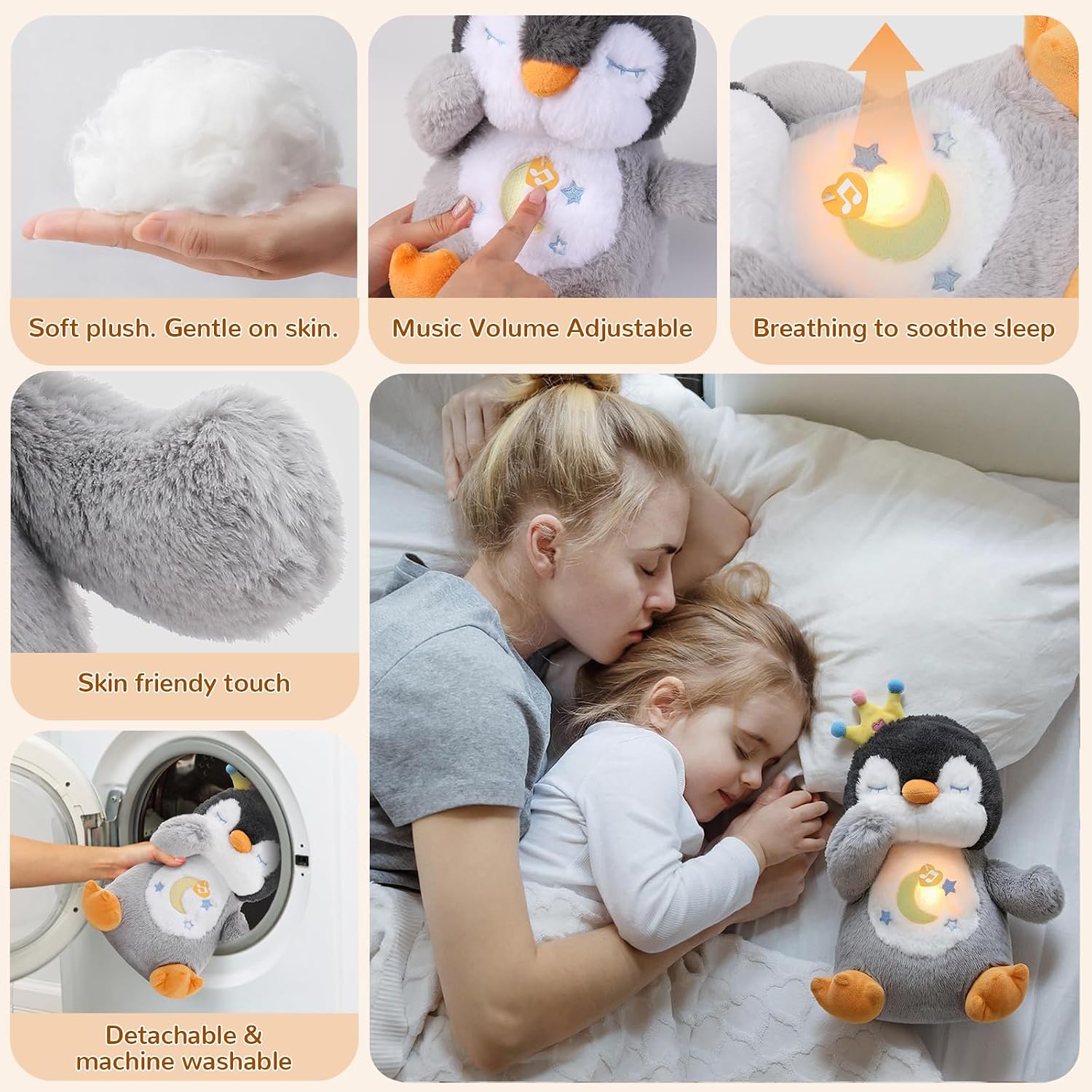 Breathing Stuffed Animal, Breathing Penguin Plush with Soft Light & Music, Interactive Penguin Music Toy for Adults and Kids