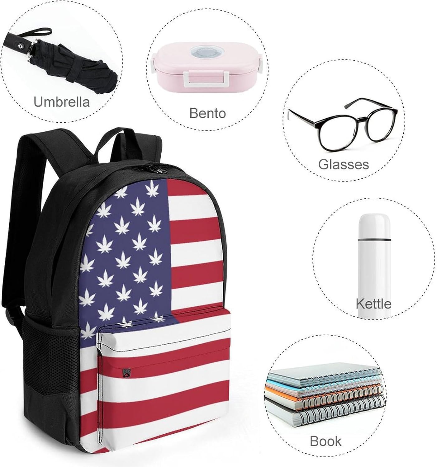 U.S. Flag Weed Leaf Backpack Lightweight Backpacks Work Bag