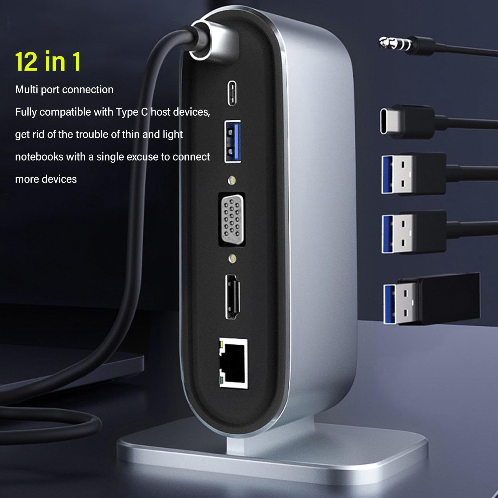 Stacja Dukująca USB C 12 W 1, Pionowa Inteligentna Stacja Rozszzająca, Obuługa Rozdzielczści 4K 30 Hz, SzybKie Ładowanie PD100W, SzyBki Transfer
