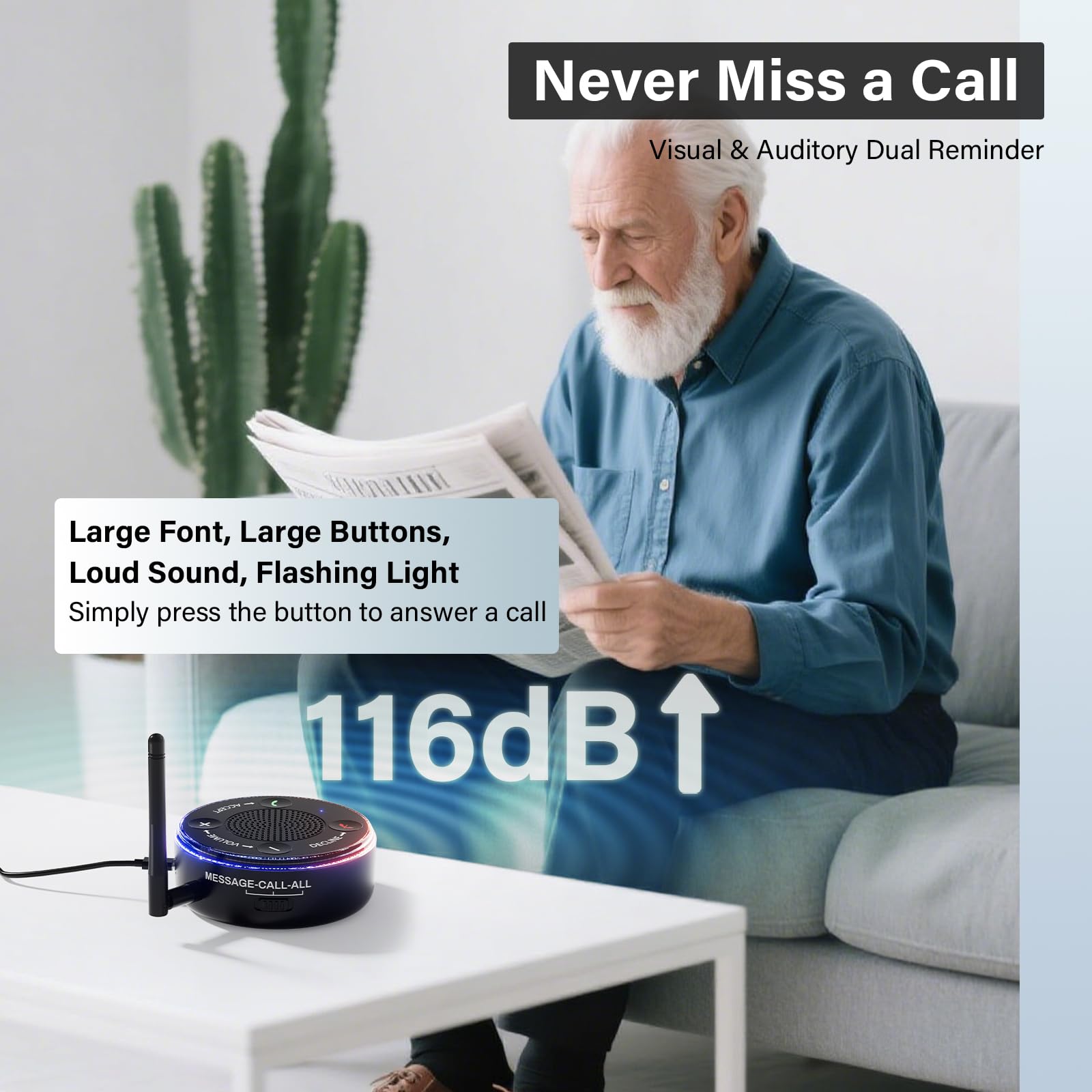Altoparlante per telefono / amplificatore audio con suoneria esterna per telefono cellulare e lampeggiatore, altoparlante suoneria per anziani, non udenti, avvisi visivi e acustici, non