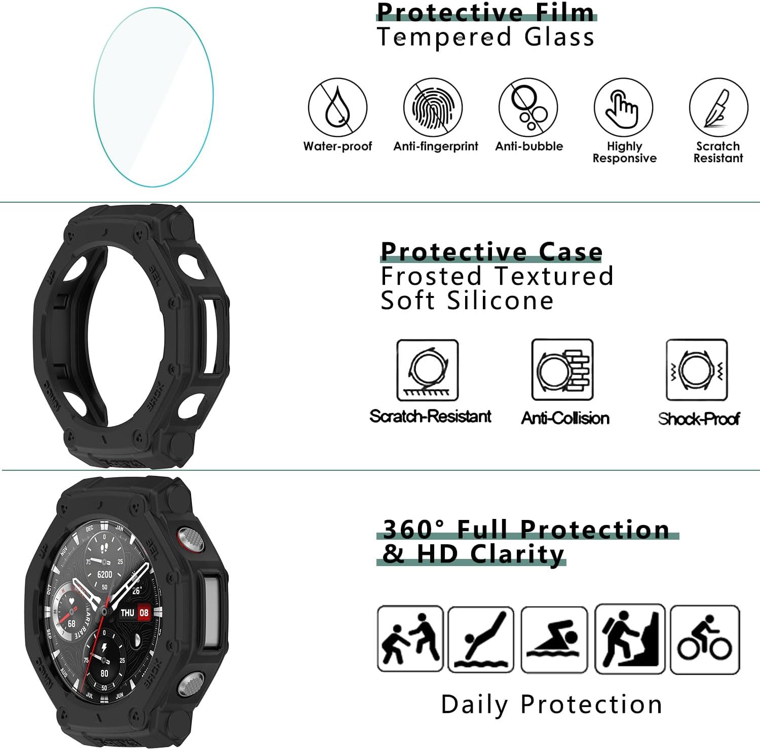 [1+4 Pack] Case with Tempered Glass Screen Protector Compatible with Amazfit T-Rex 3, Bumper Full Coverage Protective Soft Cases Face Cover for Amazfit T-Rex 3