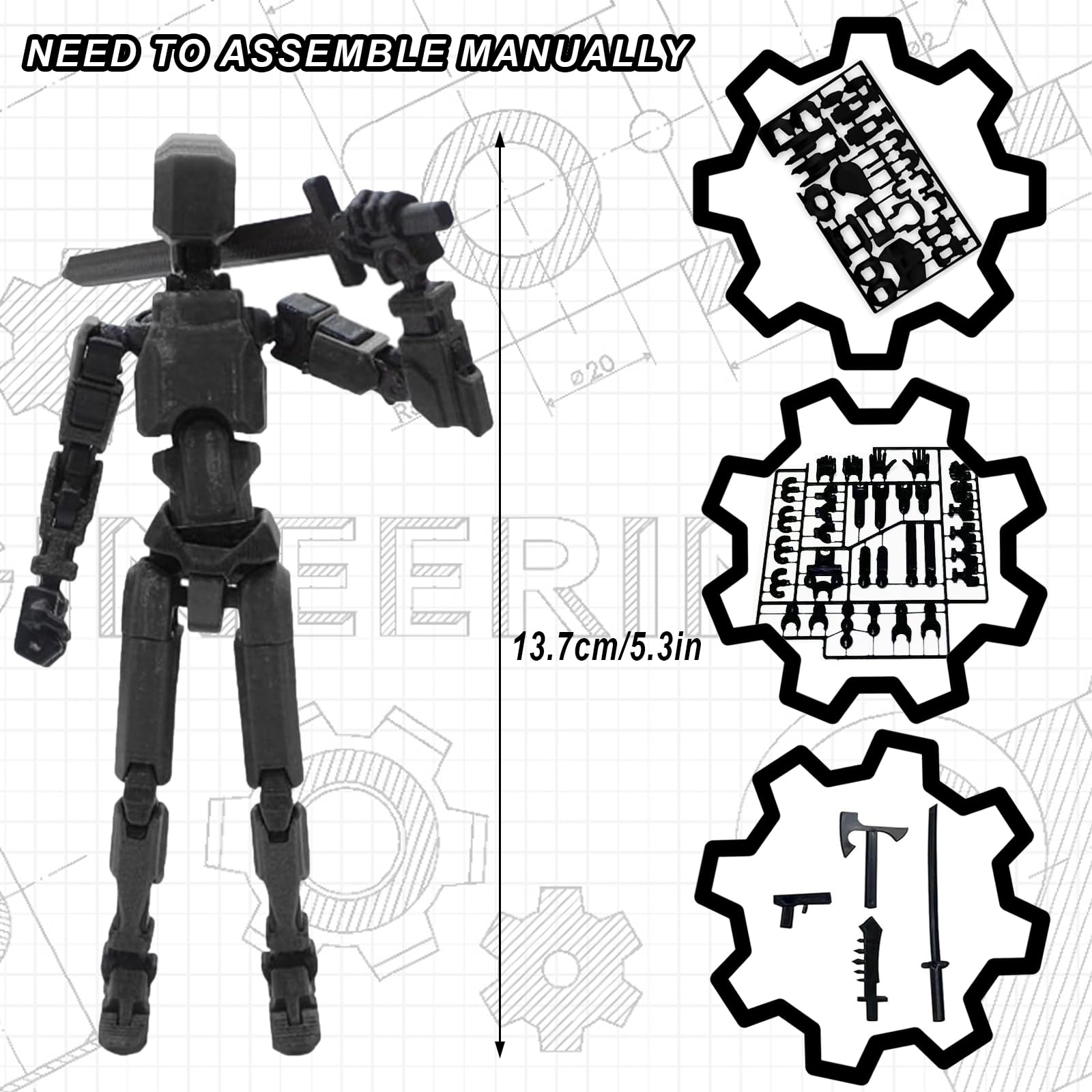 Azxndy 3D Printed Moveable Joints Robot,Finger Exercising Toys Assembly Set,Multi Joint Movable Model,Full Body Mechanical Movable Toy,Movie Character Desktop Decoration for Game Lovers (black) - Image 2