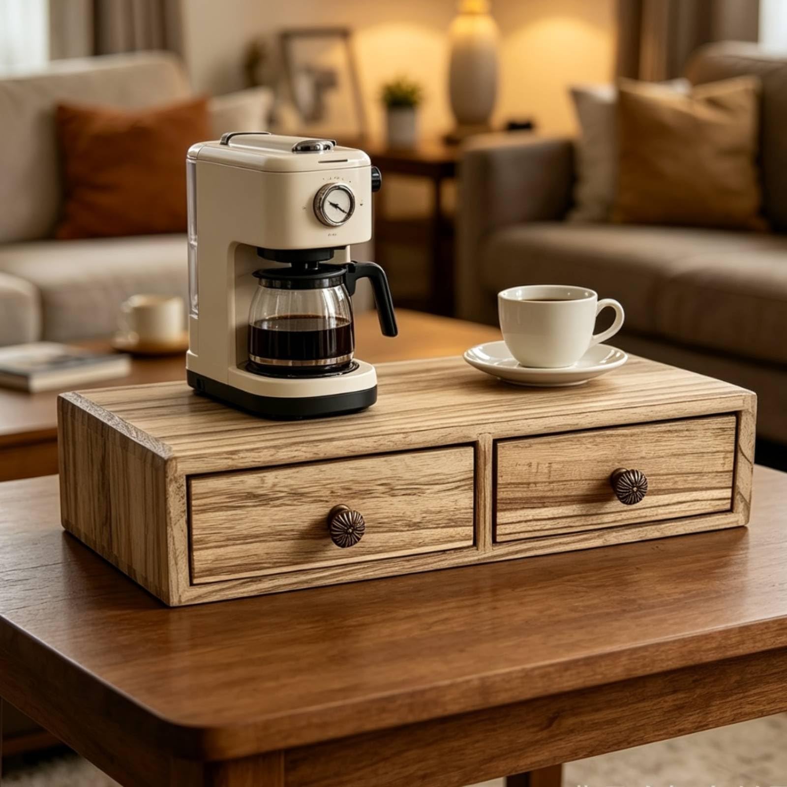 Kaffeemaschinenständer aus Massivholz mit Schubladen Und Ablagefläche für Kaffeemaschine Und Zubehör Kompakter Organizer mit Holzmaserung für Büro Und Zuhause