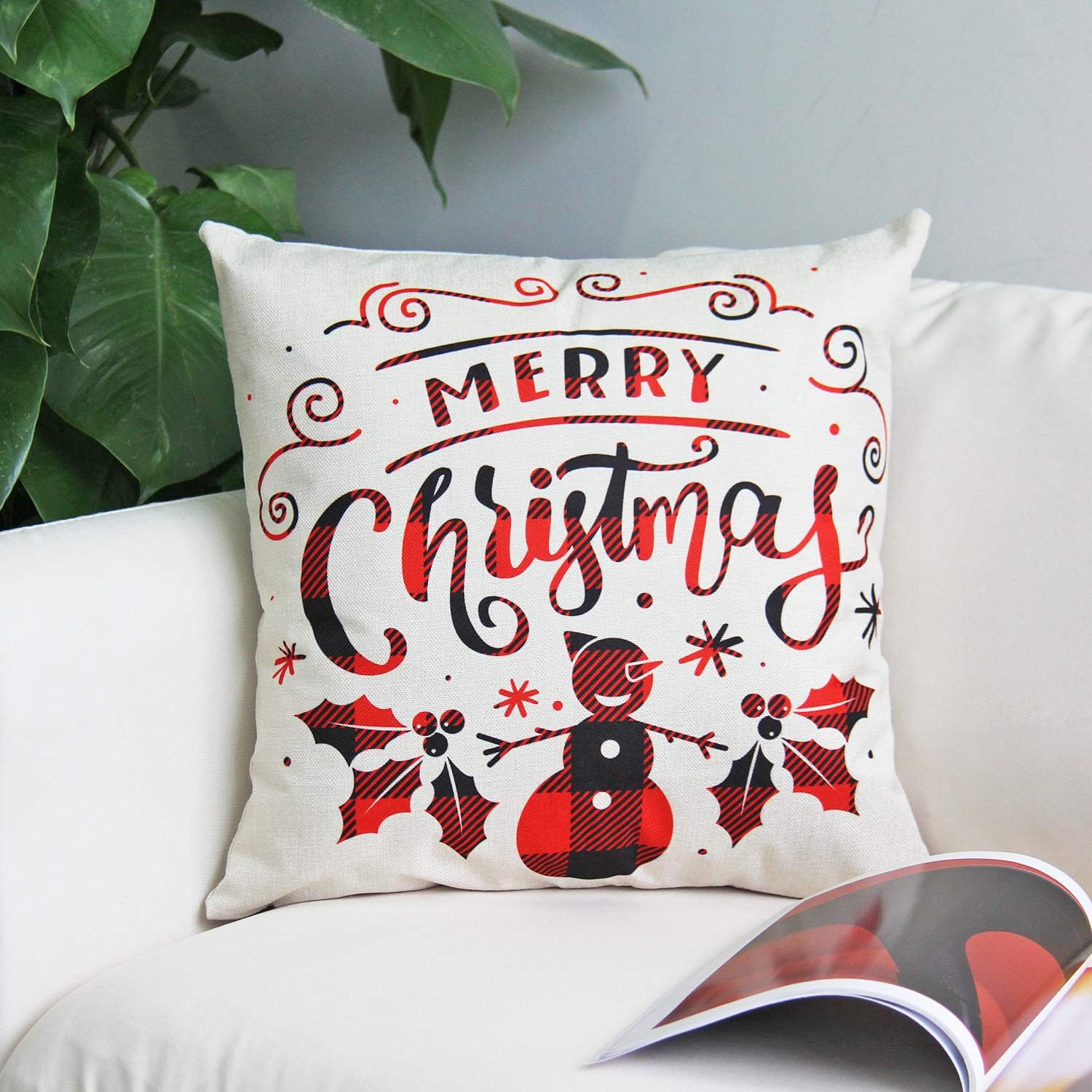 JOJUSIS Christmas Throw Pillow Covers for Home Decor Christmas Tree Dear Car Buffalo Check Black and Red Set of 4 18 x 18 Inch