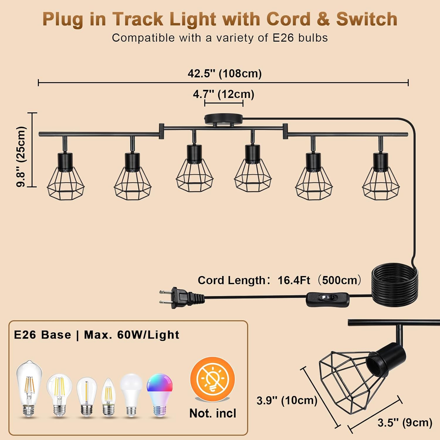 LTBLIGHT Plug in Track Lighting, 6-Light Rotatable Ceiling Light Fixture Black with 16.4ft Cord & On/Off Rocker Switch, Spotlight for Living Room Kitchen Bedroom, E26 Base