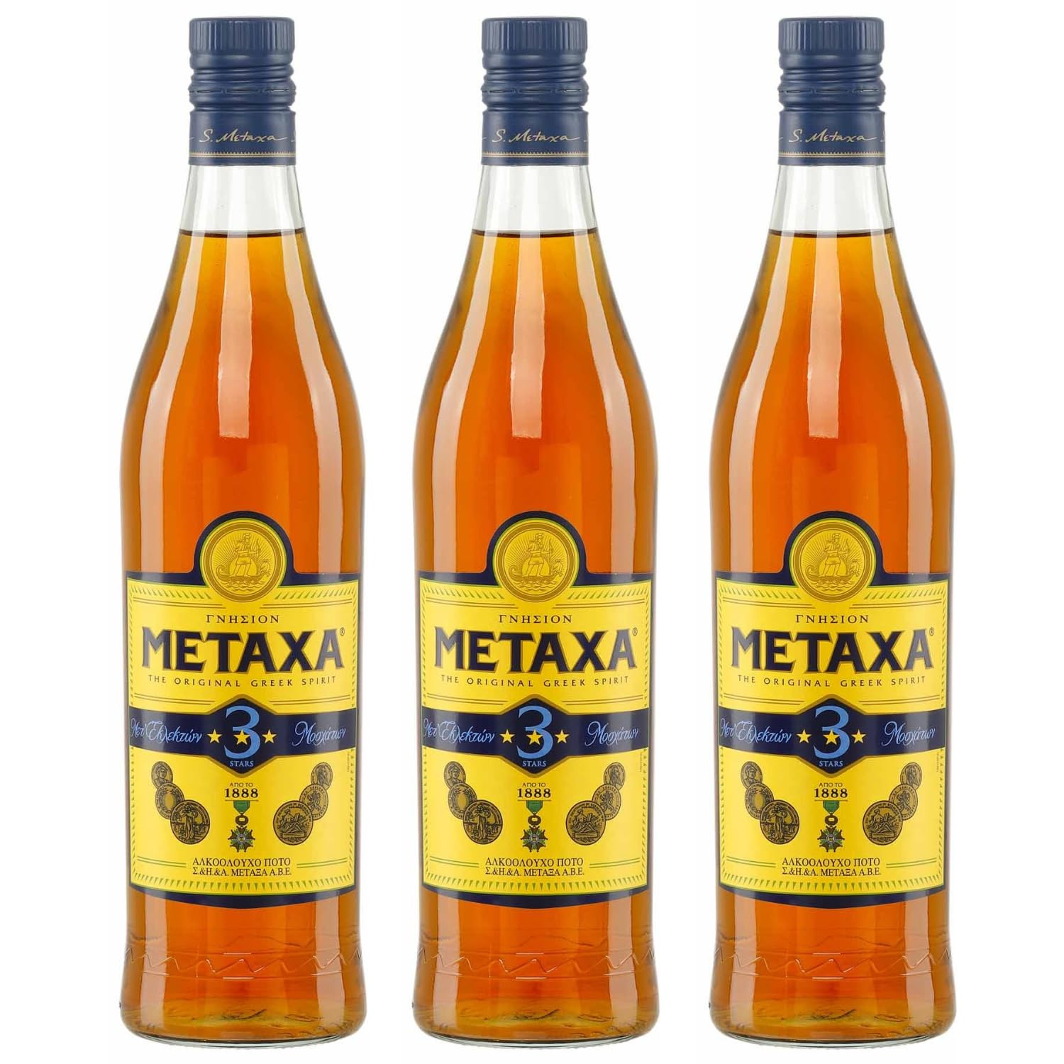 Metaxa 3 Sterne 3x 0,7l Flasche | Griechischer Weinbrand | Original Metaxa | 33% Vol. | +20ml Jassas Olivenöl