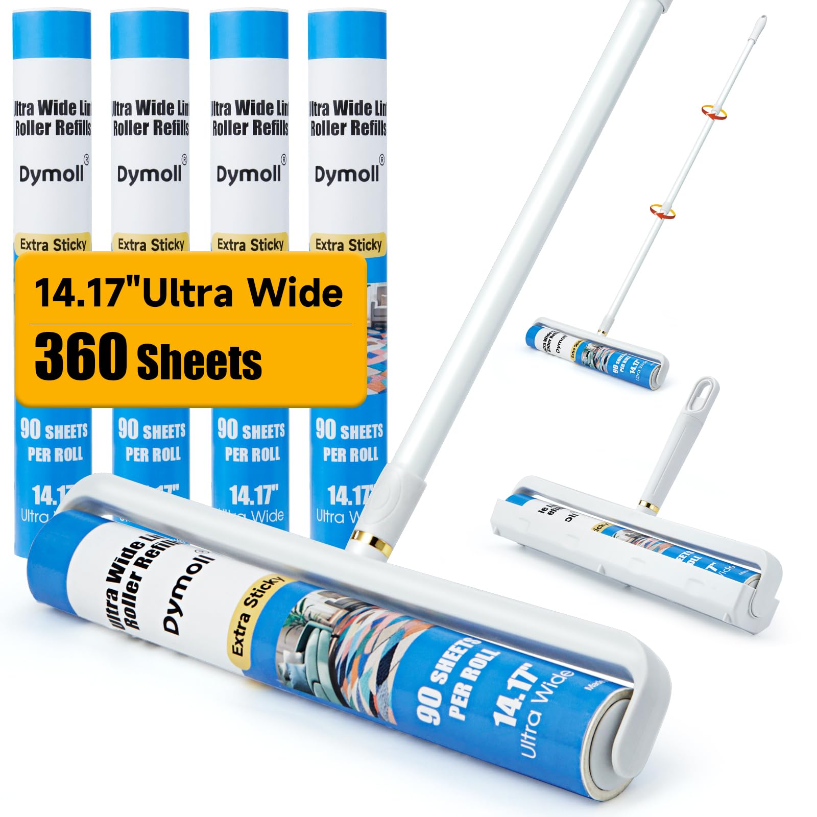 Dymoll 14.17" Large Lint Rollers for Pet Hair Extra Sticky, 360 Sheets Roller with Long Handle for Cleaning Carpets, Clothing, Couch, Furniture Wall