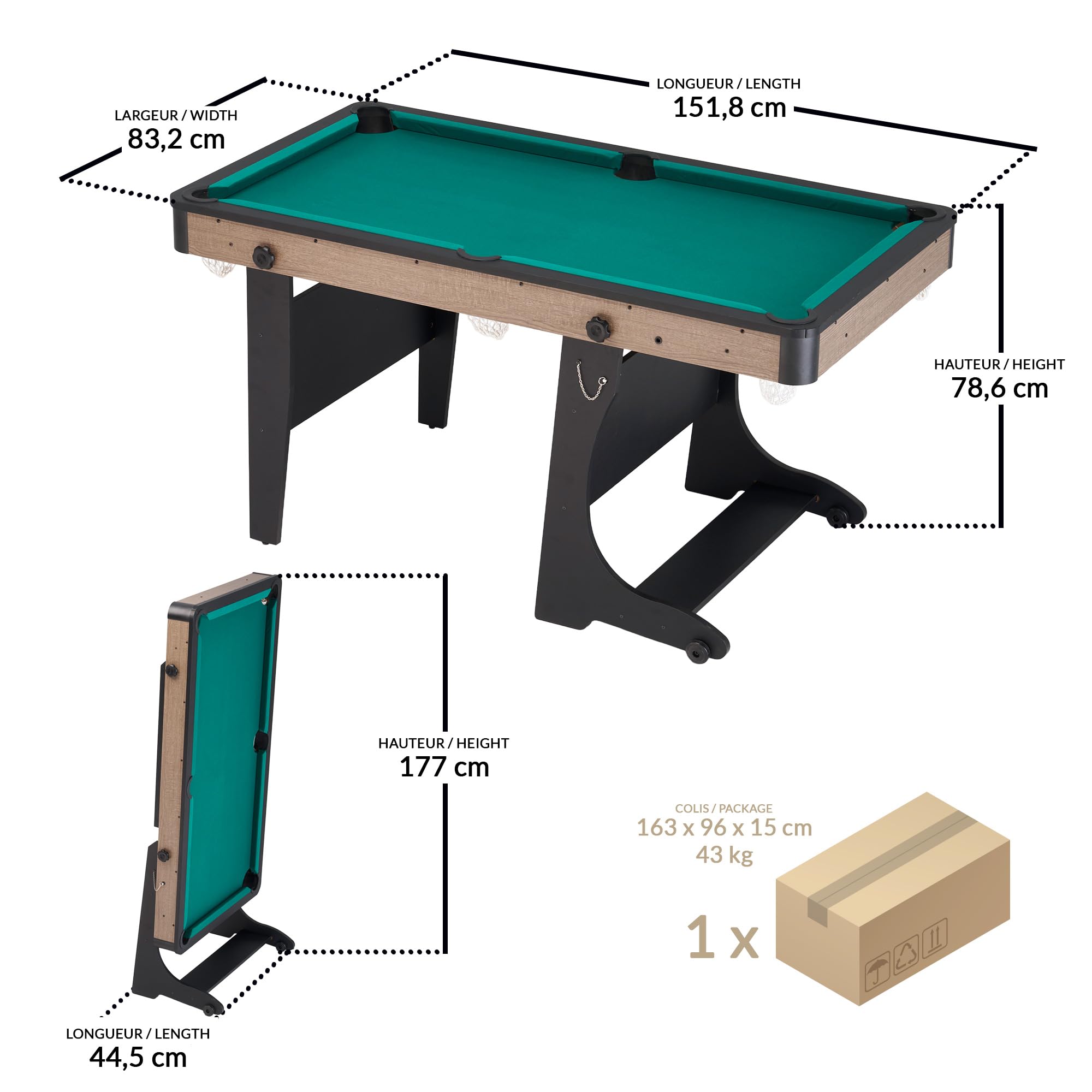 Véritable Billard Américain Pliable, Vert Anglais, 151.8 x 83.2 x 78.6 cm, Montage Simple, 2 Joueurs