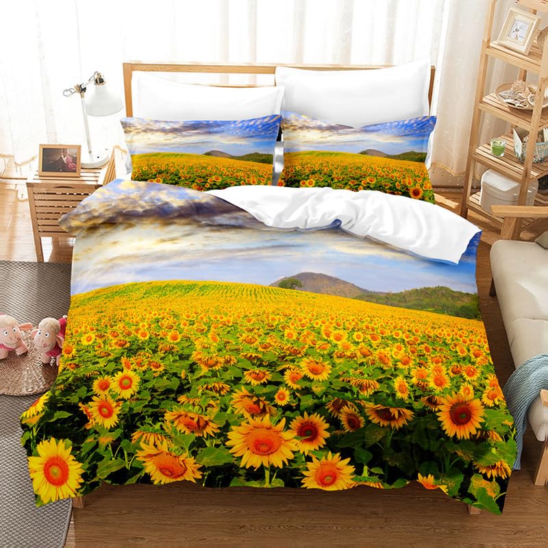 Parure de lit 140x190 tournesol vert avec housse de couette imprimée 3D et taies