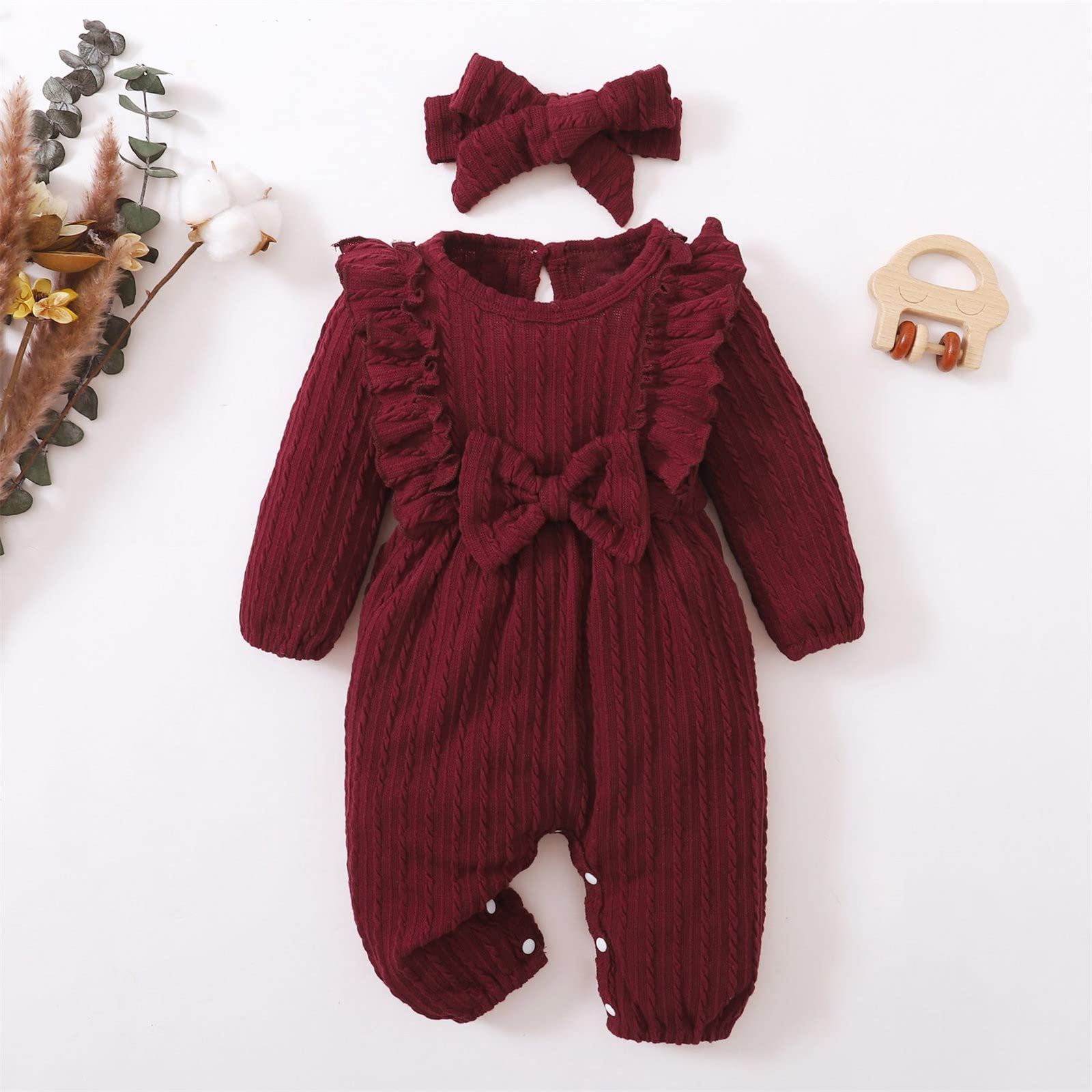 Mercatoo Toddler Children's Long Sleeve Texture Bow Jumpsuit Headband Set for 0 to 18 Years Baby Gift Girls (Wine, 9-12Years)
