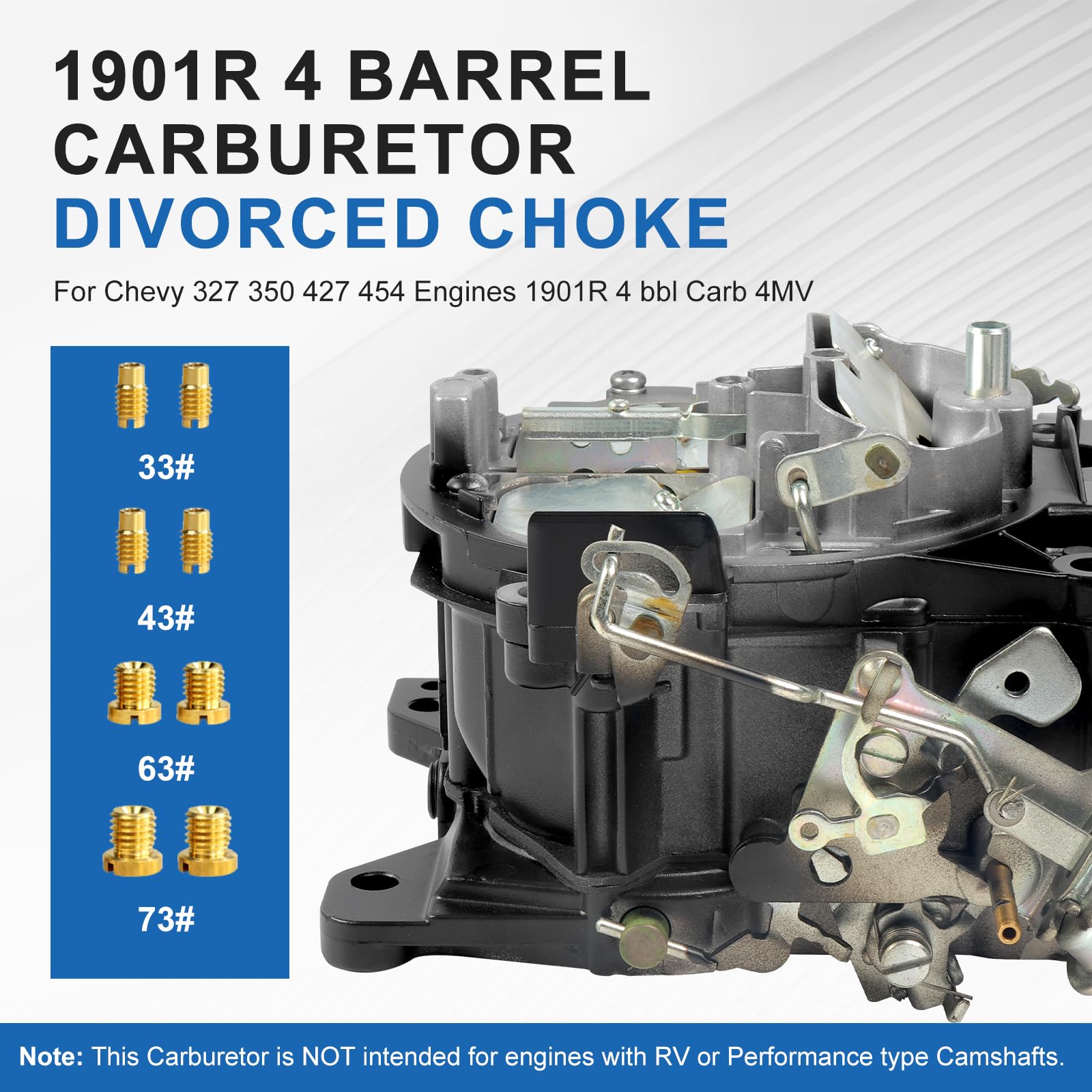 Carburador Rochester Quadrajet de 4 barriles para 1901R GMC Chevy Carb 1966-1973 350 327 427 Motores V8 de bloque grande y pequeño, 1901-GG 4BBL Carb 4MV con estrangulamiento manual desacoplado