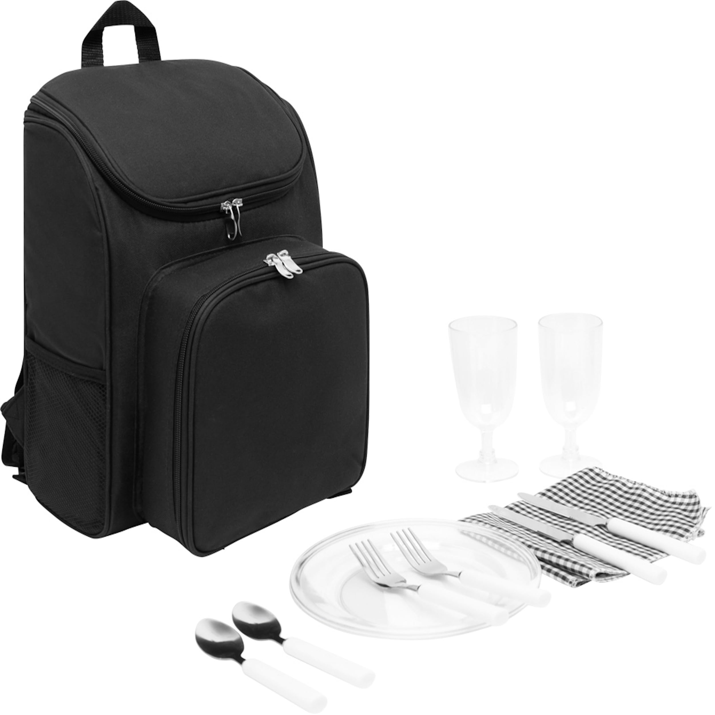 Picknick-Rucksack 2 Personen blau schwarz isoliertes Reißverschluß-Kühlfach Vorfach inkl. Besteck Kunststoff-Weingläser & Teller Stoffservietten 2 Netzeinsteckfächer gepolsterte Gurte (Schwarz)