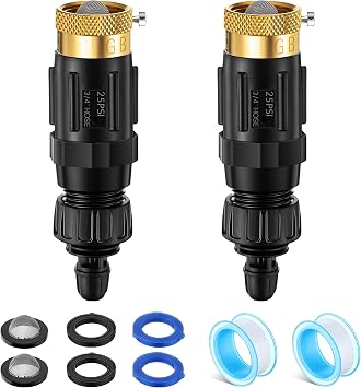 Drip Irrigation Faucet Adapter 25 PSI, 1/4" Tubing Quick Connect to 3/4" Garden Hose with Backflow Preventer, Filter, Tape, Pressure Regulator, Copper Drip Irrigation System Fittings 2 Pack