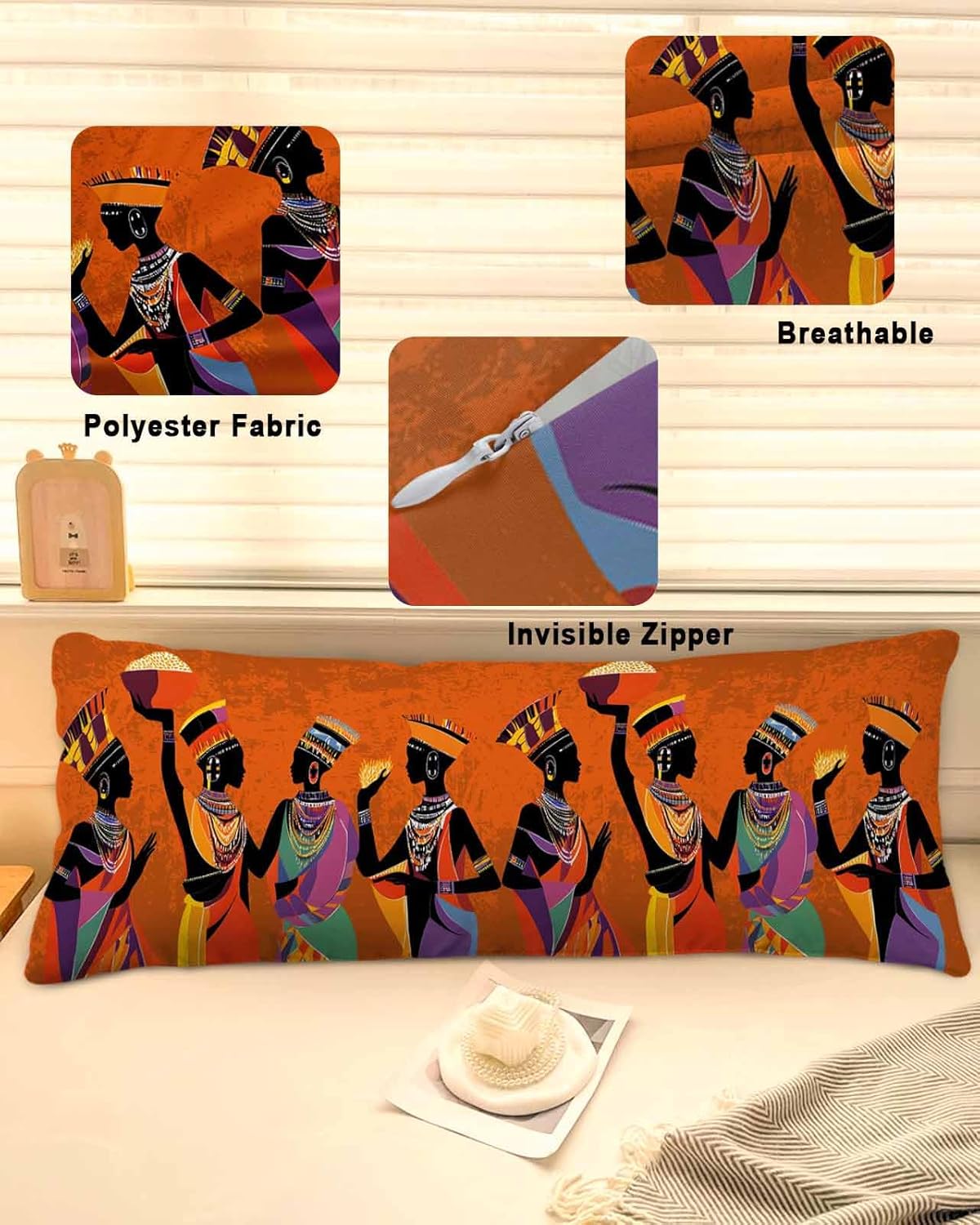 Ethnic Tribe Body Pillow Cover 20 x 54 Inch Decorative Pillow Cover Black African Women Tradition Orange Vintage Lumbar Pillowcase Seasonal Rectangle Cushion Case for Couch Sofa Bed Living Room 20x54 Inch Orange