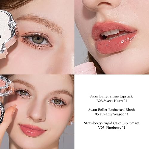 Miniatura 3 de Flower Knows Swan Ballet - Juego de maquillaje de 5 piezas, lápiz labial brillante (B03) + rubor en polvo (05) + sombra de ojos (01) + bolsa de lona