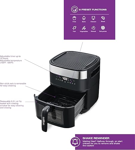 Miniatura 7 de Salton Flip & Cook - Freidora de aire 3 en 1 de 5.8 cuartos de galón, parrilla y deshidratador con ventana de visualización