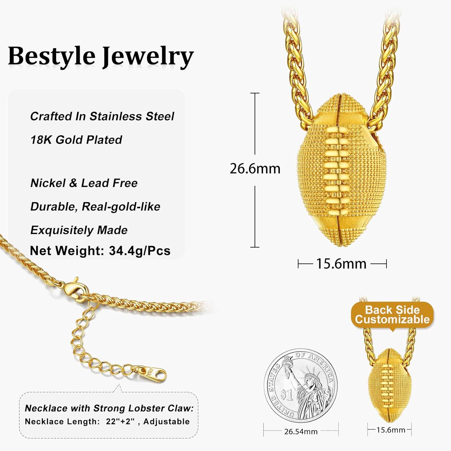 Bestyle Vivid Ball Pendants Sports Necklace for Men, Solid Stainless Steel Soccer/Basketball/Volleyball/Rugby Ball/Baseball Necklace in Silver/Black/Gold, Trendy Sport Fan Jewelry Collection Gift - Image 7