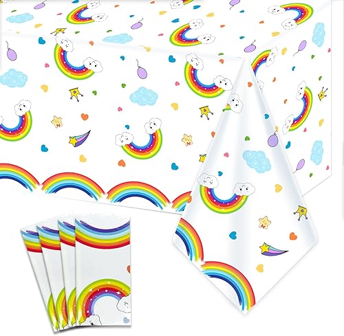 4 manteles de fiesta de arcoíris con temática de nube de arcoíris, decoración de mesa de cumpleaños, cubierta de mesa de plástico desechable para