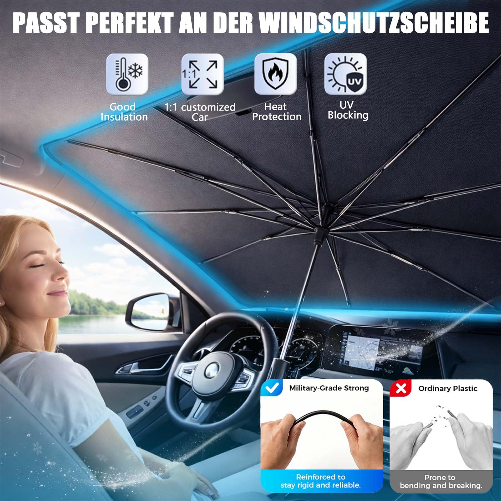 Funnity Parasol Coche Delantero 140 x 80 cm | Paraguas coche tipo paraguas plegable anti calor, apertura instantánea en segundos, sin esfuerzo, protección solar SUV camión