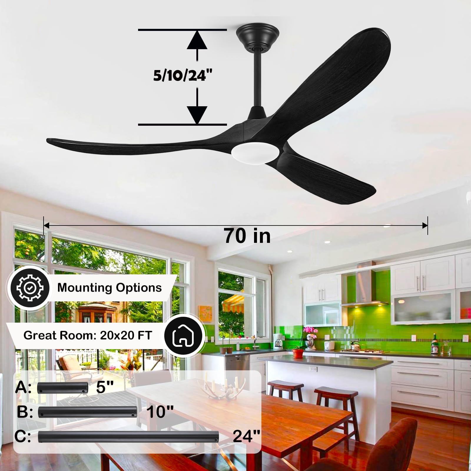 Ventilatori Da Soffitto Per Esterni In Legno Nero Da 178 Cm Con Luce, Moderno Ventilatore Da Soffitto A 3 Pale Con Telecomando, Motore Cc Silenzioso Reversibile
