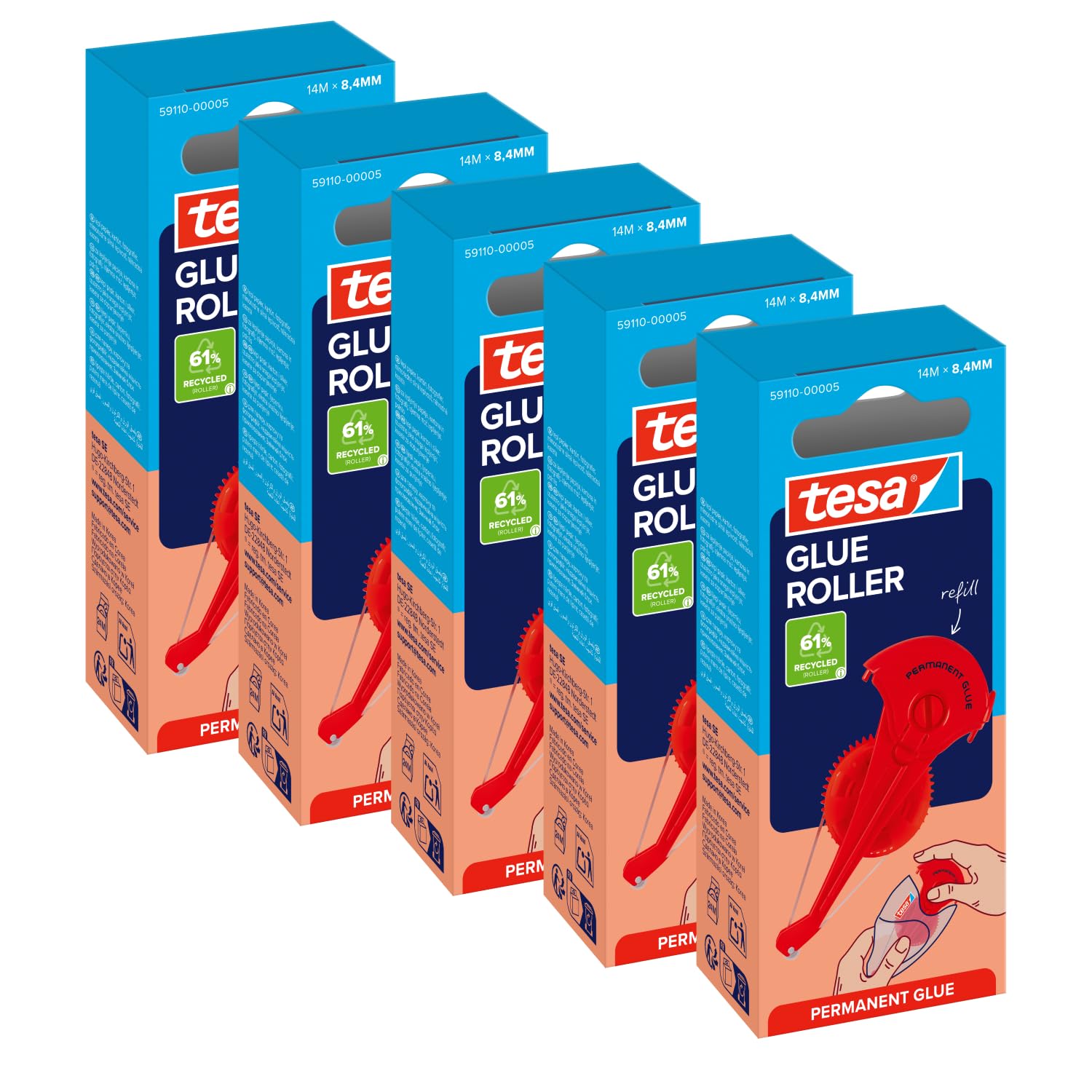 tesa GLUE ROLLER Permanent Refill Cartridges - 5 x 14 m x 8.4 mm