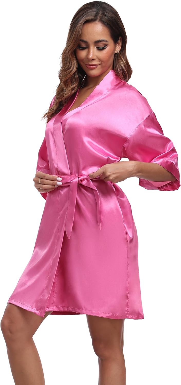 Women's Short Satin Robes Silky Bathrobe Bridesmaid Sleepwear for Wedding Party Getting Ready Solid Color - Image 3