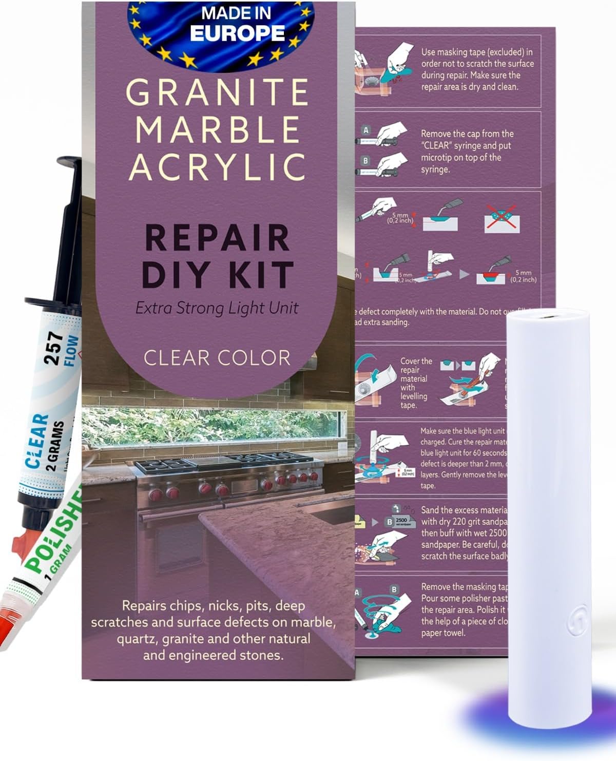 Granite, Marble and Acrylic Repair Kit (Clear/Transparent) – Fix Your Defects Like a Pro I Suitable for Most Repairs I Fix Broken Chips in Minutes