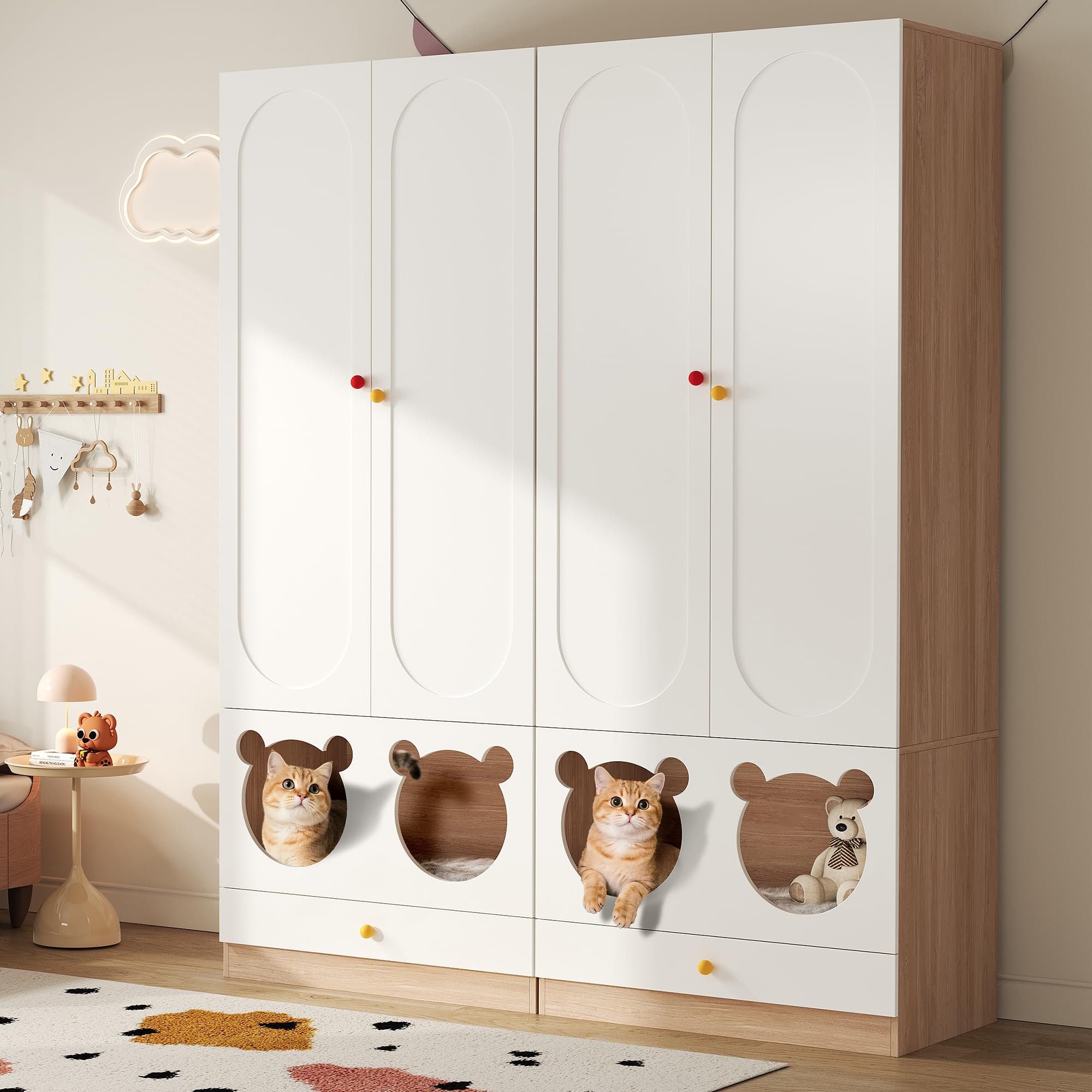 Kleiner Kleiderschrank mit Katzenbett & Kleiderstange – Kindergarderobe mit bunten Keramikgriffen, 80x50x200 cm – perfekt für Schlafzimmer, kindersichere Griffe & stabile Konstruktion