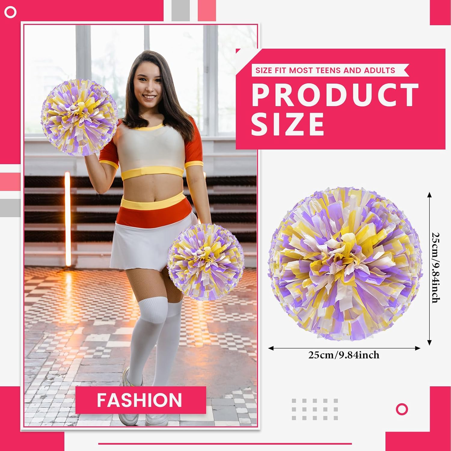 12 Pcs Cheerleading poms,pom poms Cheerleading with Finger Holes Metallic Foil Cheer Pom Pomsfor Dance, Matches, Team Spirit Sports (Black+Green) (Purple+Yellow+White)