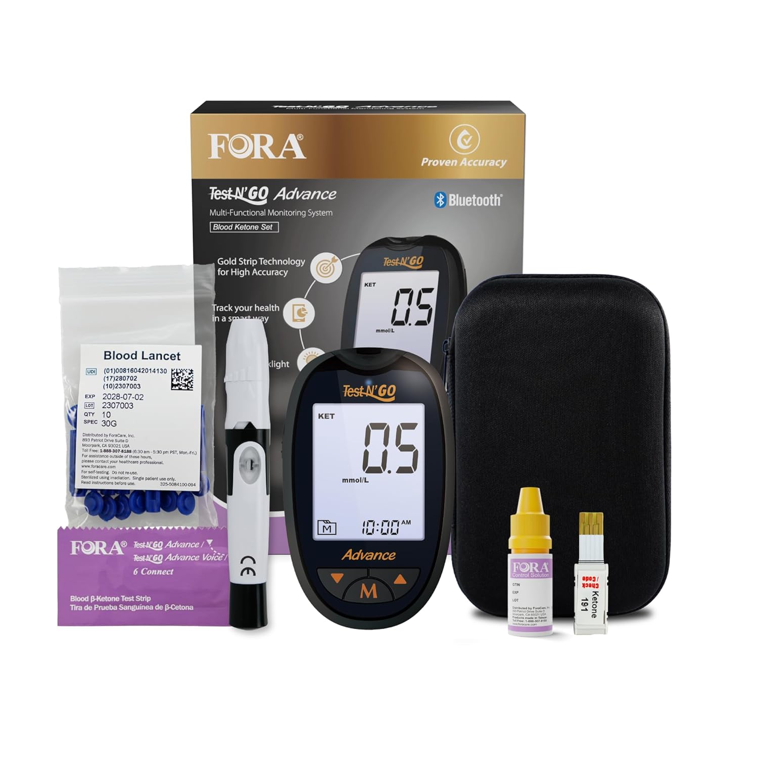 FORA | Test N'GO Advance Blood Ketone Testing Kit – Includes 1 Monitor, 10 Ketone Strips, 10 Lancets, 1 Control Solution