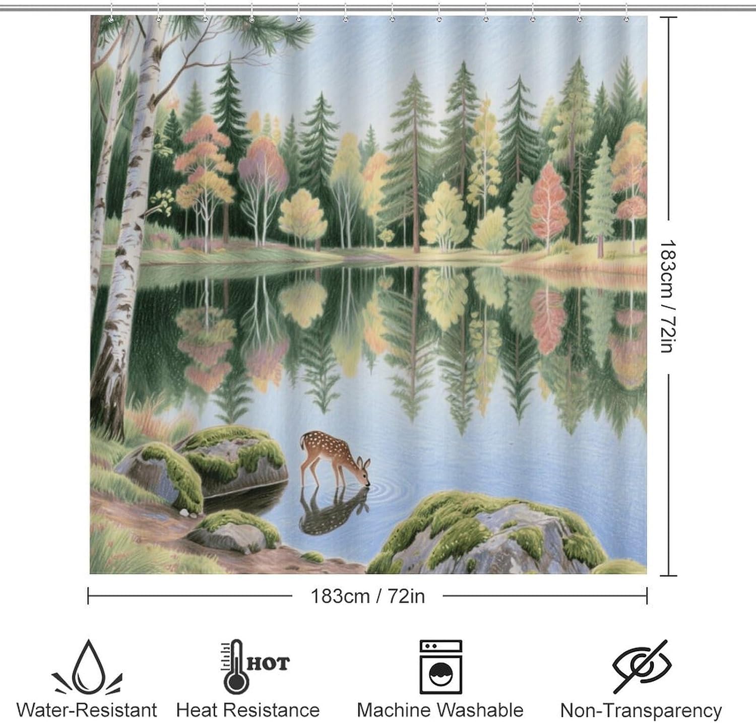 Forest Lake Bath Rug Set 4 Piece,Bathroom Accessories Set-Toilet Rugs U Shaped,Toilet Lid Cover,Shower Curtain and Rugs,Ultra Soft, Absorbent,Home Decor