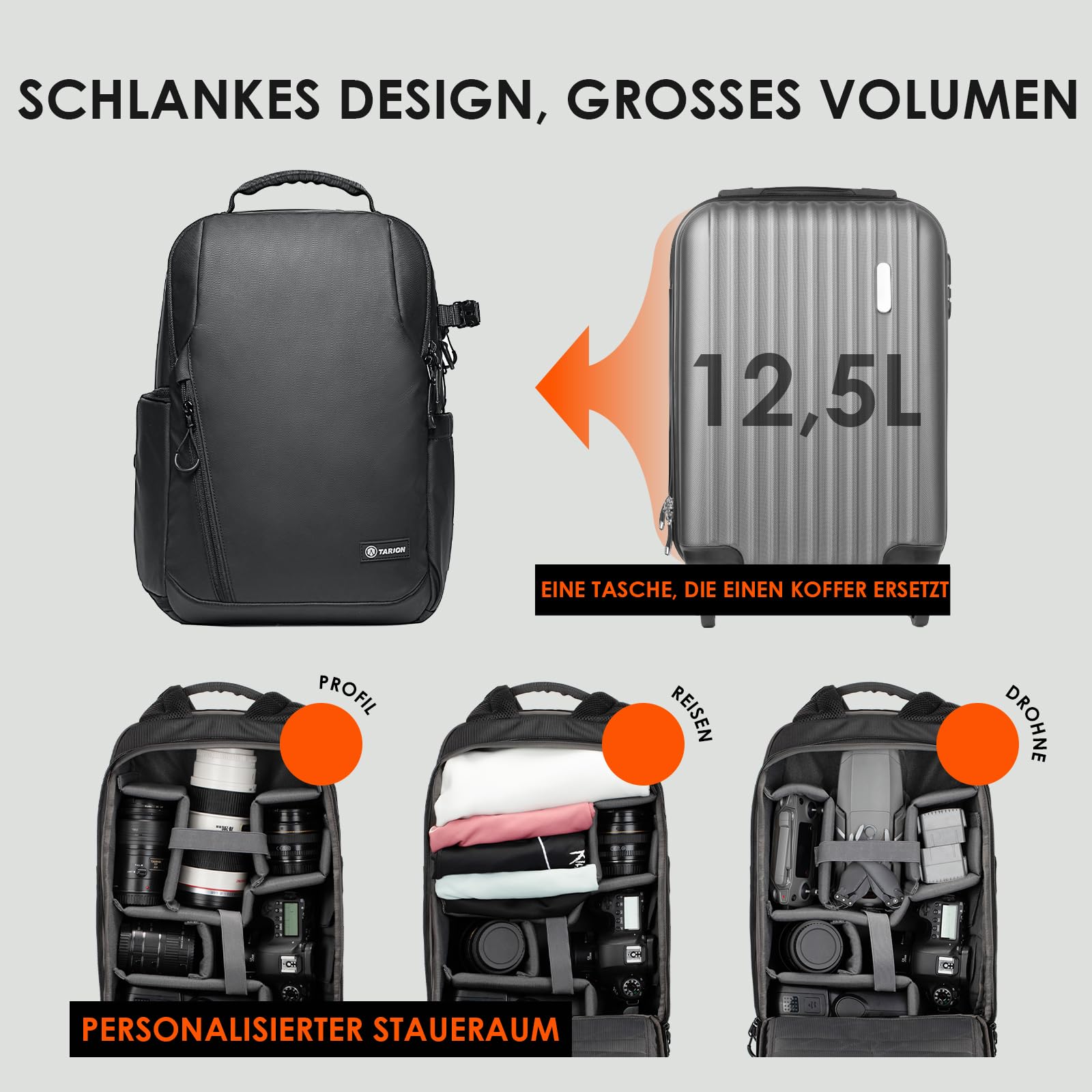 TARION Kamerarucksack Wasserdicht Fotorucksack SLR Kameratasche Kamera Rucksack mit 14 Zoll Laptopfach und Regenschutz für Spiegelreflexkameras-Schwarz