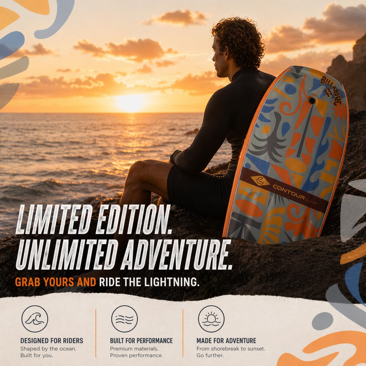 Billabong x CONTOUR SURF Bodyboards für Strandpool, 106,7 cm, leichtes PE-Kern, IXPE-Deck, HDPE-Boden, FRP Stringer, Hochleistungs-Bodyboard mit doppeltem Drehgelenk, Surfleine, Lightning Tangerine