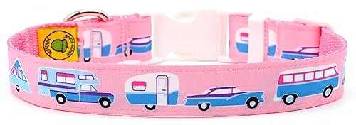 RV Camping Dog Collar - Pink Camper Collar - Vintage Car & Trailer - Van - Fifth Wheel - Truck Camper - A-Frame - 4 Sizes - Adjusts 9 Inches to 27