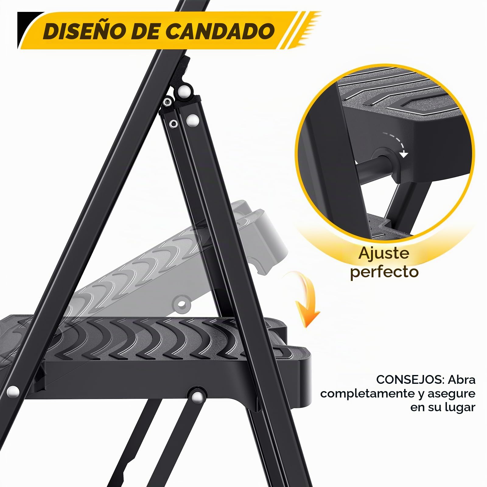 KINGRACK Escalera Plegable de 4 Peldaños - Taburete de Acero con Barandilla, Peldaño Ancho, Capacidad 150kg – Escalera Resistente Plegable para Hogar, Cocina – Negro