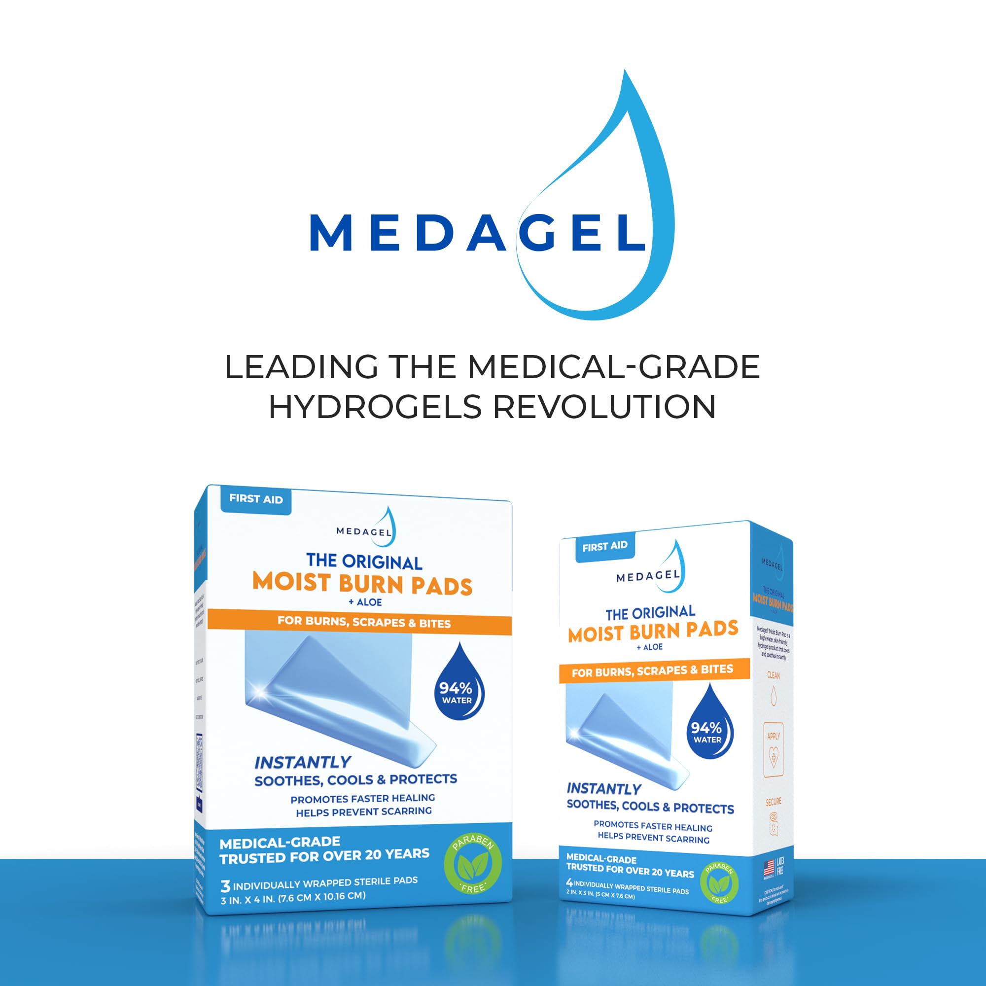 Medagel The Original Wet Burn Pad - Cuscinetti curativi in idrogel, cerotto lenitivo e umido per la cura della pelle per ustioni e ferite, 5,1 x 7,6 cm