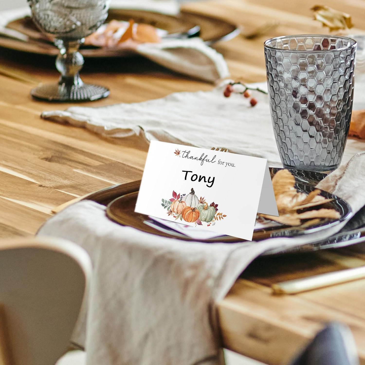 JarThenaAMCS 50Pcs Thanksgiving Table Tent Place Cards Fall Autumn Thankful Pumpkin Guest Seating Cards Name Escort Card Folded Seat Assignment Setting Label for Wedding Baby Shower Birthday Party