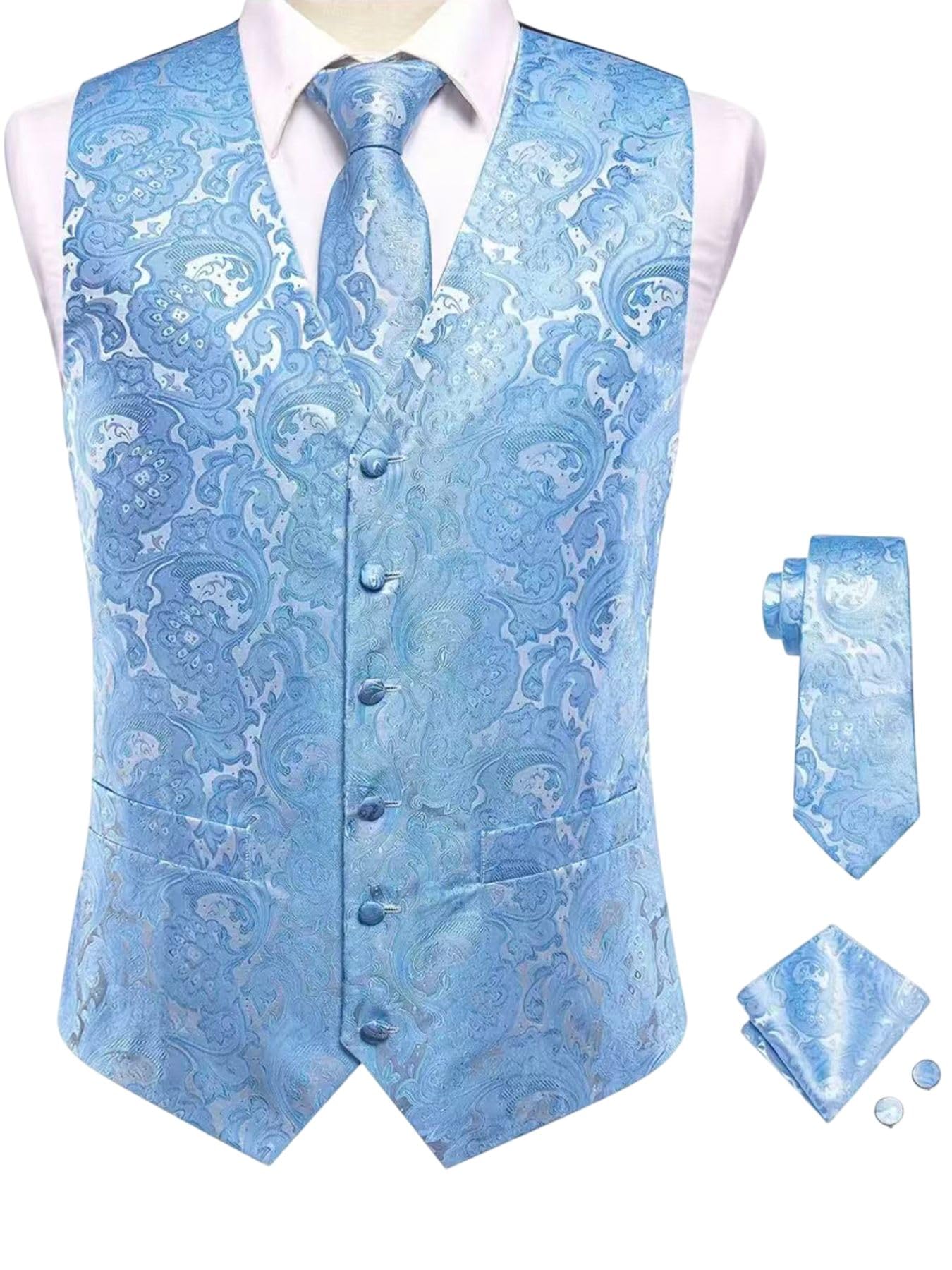 Męska kamizelka garniturowa Paisley żakardowa jednorzędowa slim fit z wiązaniem poszetką na wesela i formalne wydarzenia