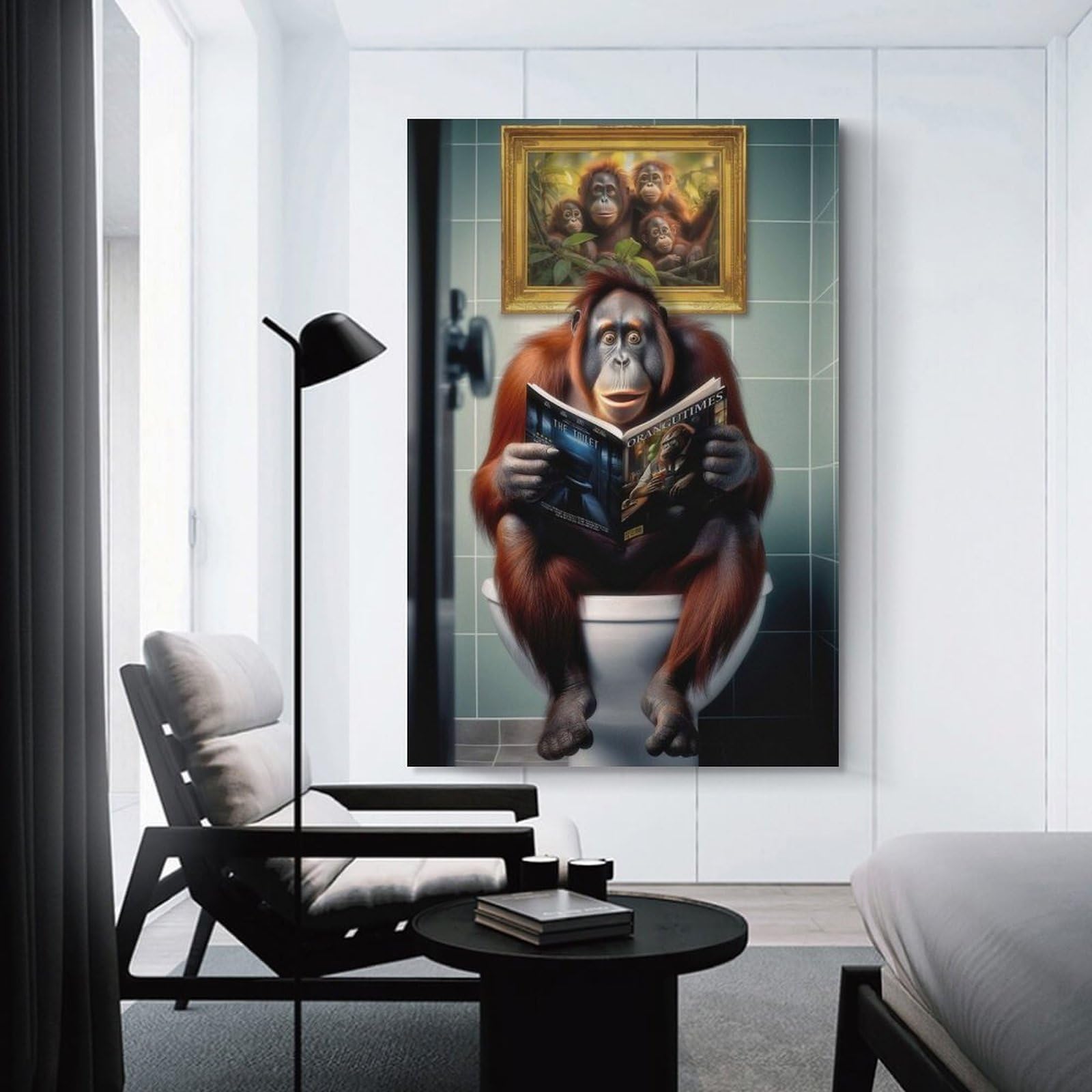 Junmoney Orangutan on The Toilet Room Decor Wall Art, 24x36inch(60x90cm), for Front Hall, Corridor Or Welcome Spaces, A Neat Decor Update for Hallways