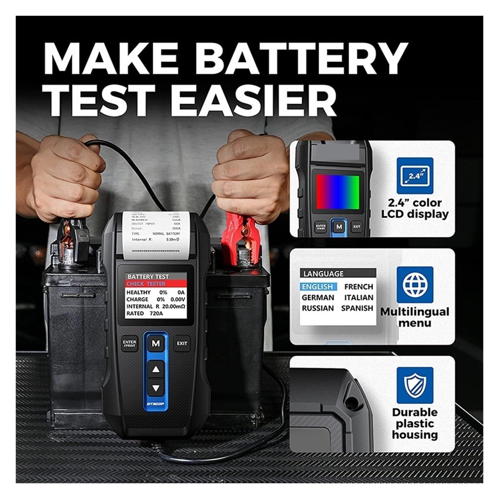 Tester per batterie, Tester for batteria BT300P con stampante 12V, strumenti di prova for avviamento e ricarica digitale for auto, analizzatore for veicoli 100-2000CCA