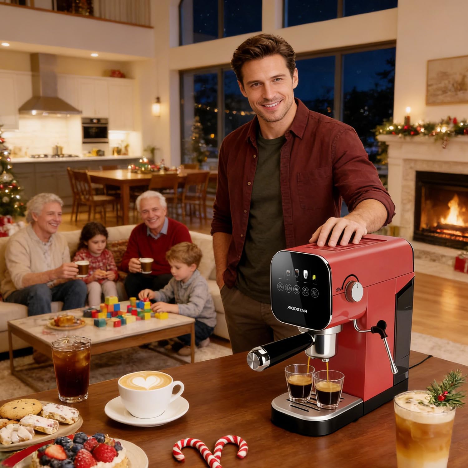 Aigostar Cafetera Espresso 20 Bares para Cápsulas y Café Molido Inox, Rojo | Panel táctil, espumador de leche, 1 o 2 tazas, depósito de 0,9 L, 1350 W, ideal para espresso, capuccino y latte