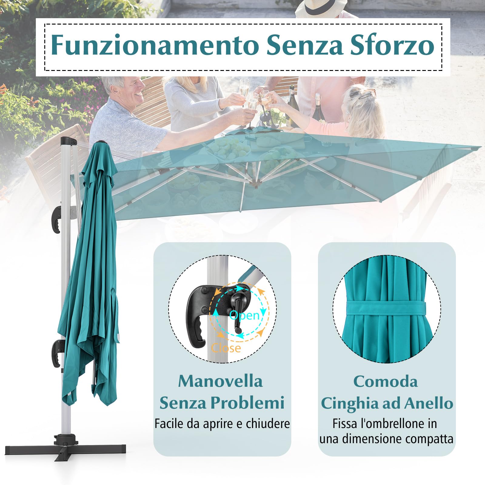 COSTWAY Ombrellone da Giardino 300 cm, Ombrellone Quadrato da Esterno con Rotazione a 360°, Inclinazione Regolabile, Base a Croce, 8 Stecche (Blu)