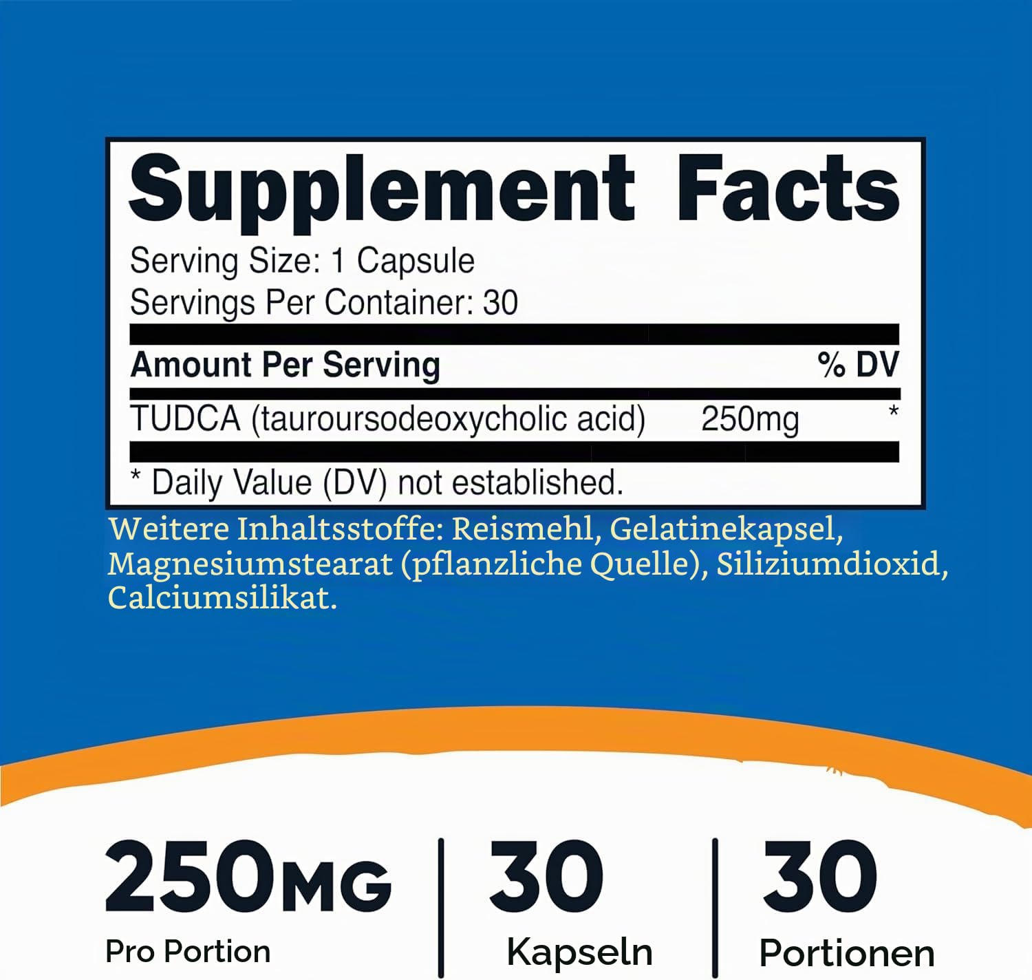 TUDCA (Tauroursodeoxycholic Acid) - Nahrungsergänzungsmittel mit 250 mg, 30 Kapseln, 30 Portionen – Glutenfrei, Gentechnikfrei